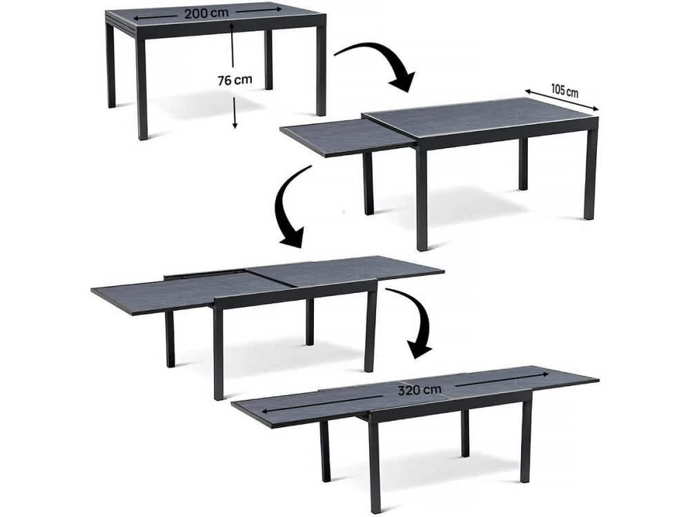 Tuinset "Lagos" - 200/320 x 105 x 76 cm - 12 stoelen - Lichtgrijs