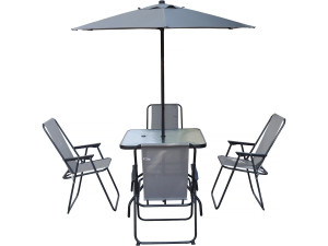 Convivia" metalen tuintafel en stoelen met parasol - 4 zits - Lichtgrijs