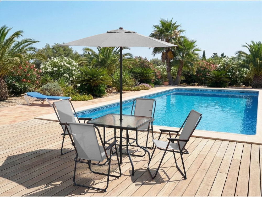 Convivia" metalen tuintafel en stoelen met parasol - 4 zits - Lichtgrijs