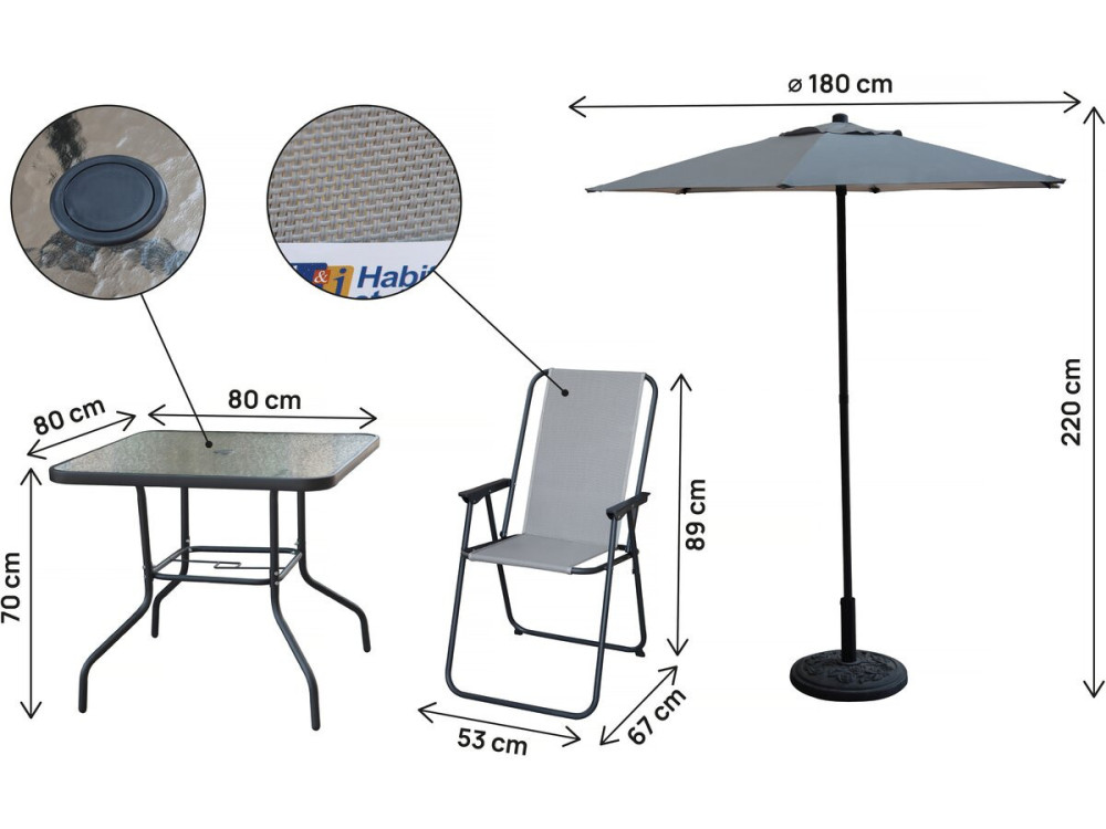 Convivia" metalen tuintafel en stoelen met parasol - 4 zits - Lichtgrijs