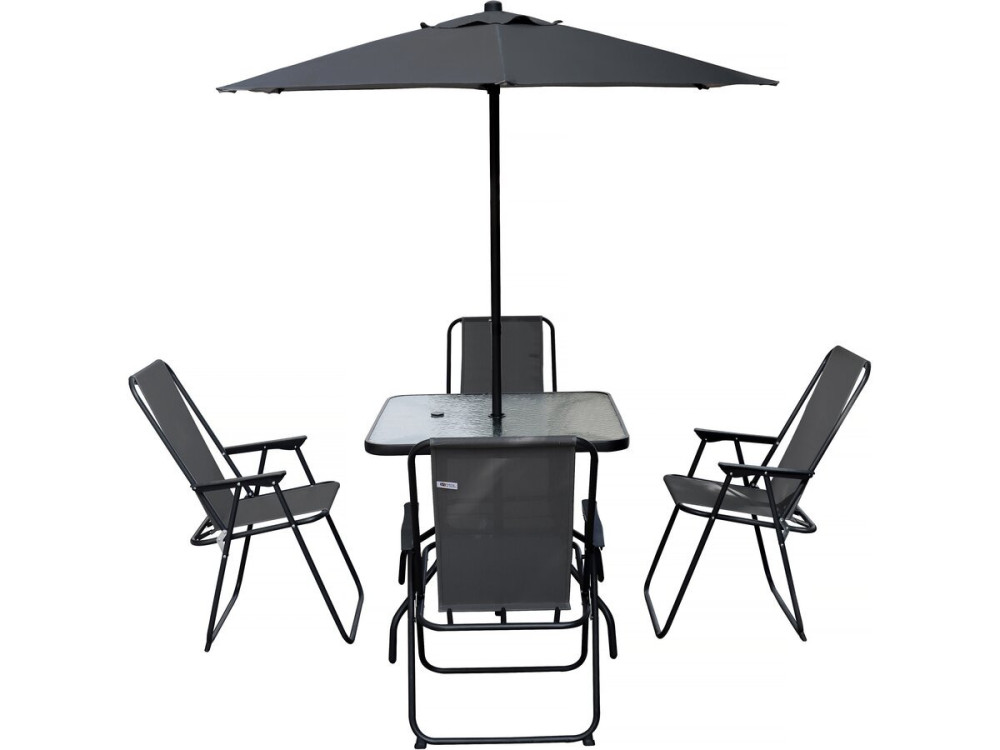 Metalen tuintafel en stoelen "Convivia" met parasol - 4 zits - Antracietgrijs