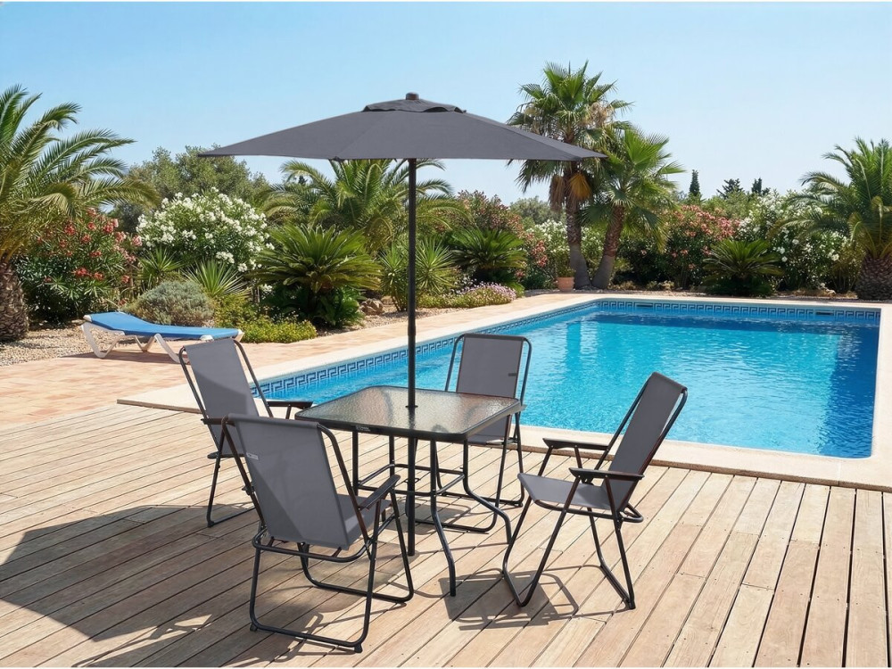 Metalen tuintafel en stoelen "Convivia" met parasol - 4 zits - Antracietgrijs