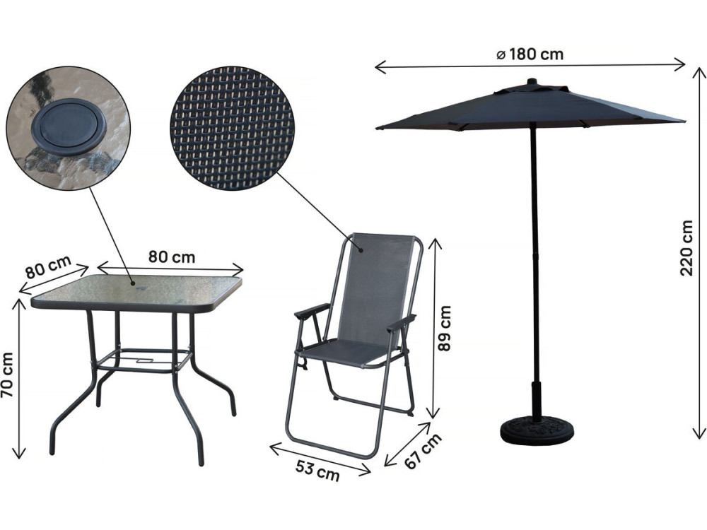 Metalen tuintafel en stoelen "Convivia" met parasol - 4 zits - Antracietgrijs