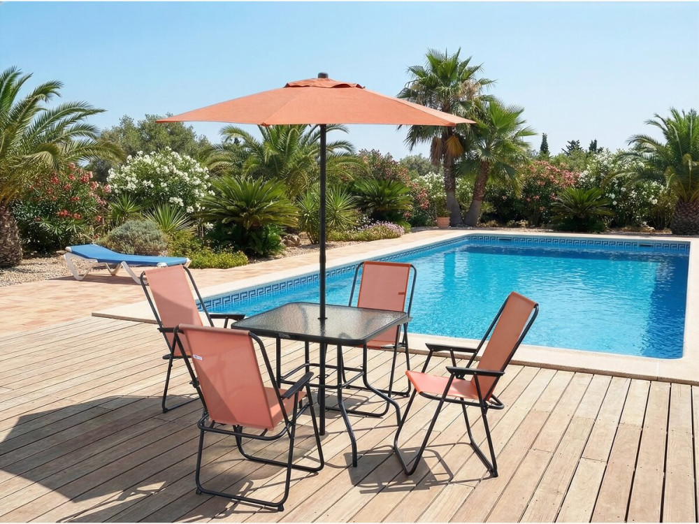 Convivia" metalen tuintafel en stoelen met parasol - 4 zits - Terracotta