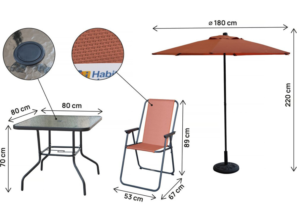 Convivia" metalen tuintafel en stoelen met parasol - 4 zits - Terracotta
