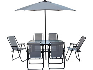 Convivia" metalen tuintafel en stoelen met parasol - 6 zits - Lichtgrijs