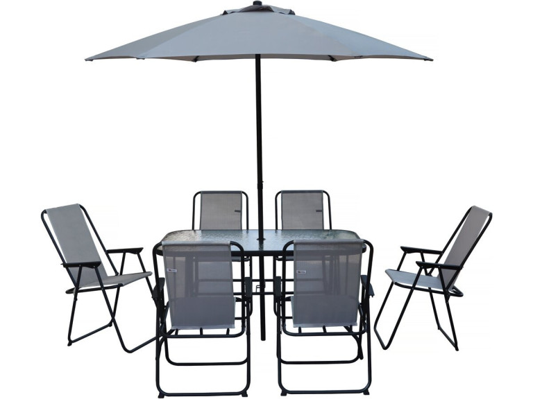 Convivia" metalen tuintafel en stoelen met parasol - 6 zits - Lichtgrijs