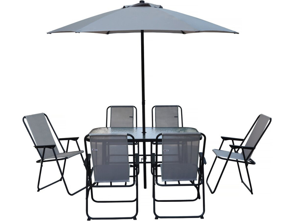 Convivia" metalen tuintafel en stoelen met parasol - 6 zits - Lichtgrijs