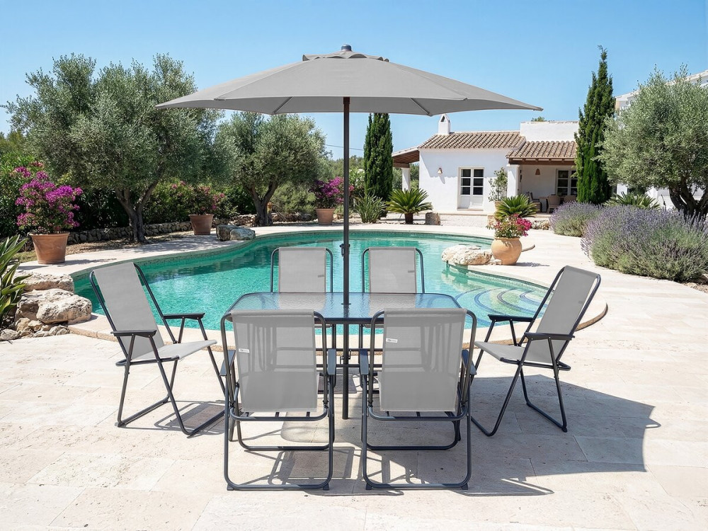 Convivia" metalen tuintafel en stoelen met parasol - 6 zits - Lichtgrijs