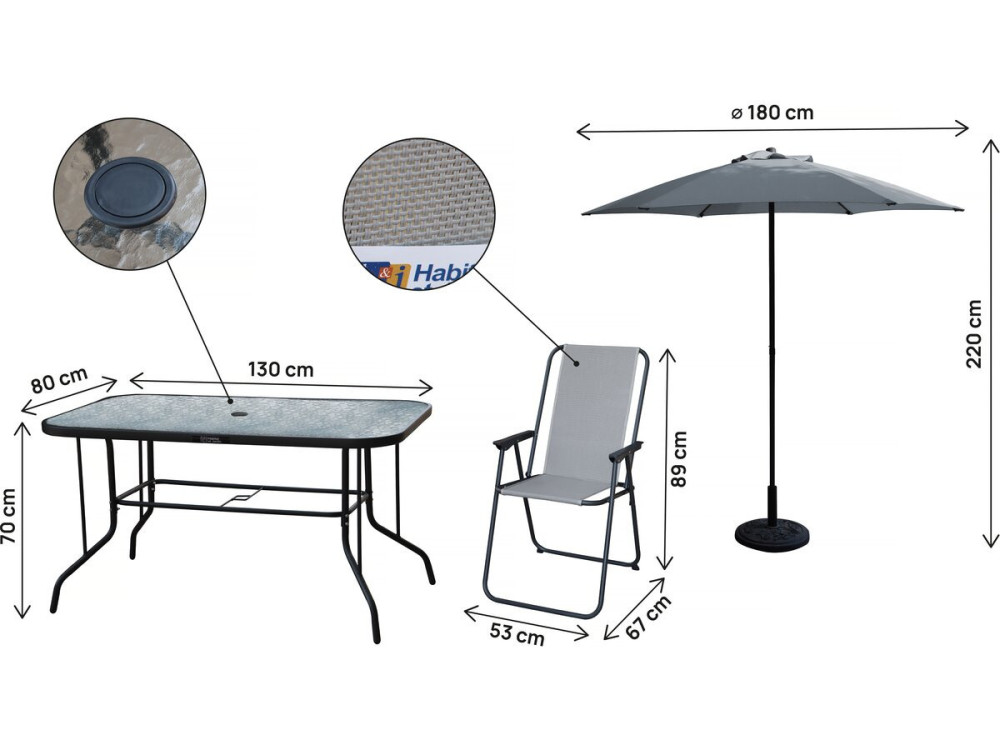 Convivia" metalen tuintafel en stoelen met parasol - 6 zits - Lichtgrijs