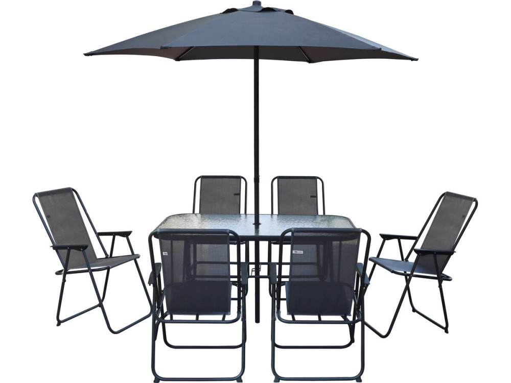 Metalen tuintafel en stoelen "Convivia" met parasol - 6 zits - Antracietgrijs