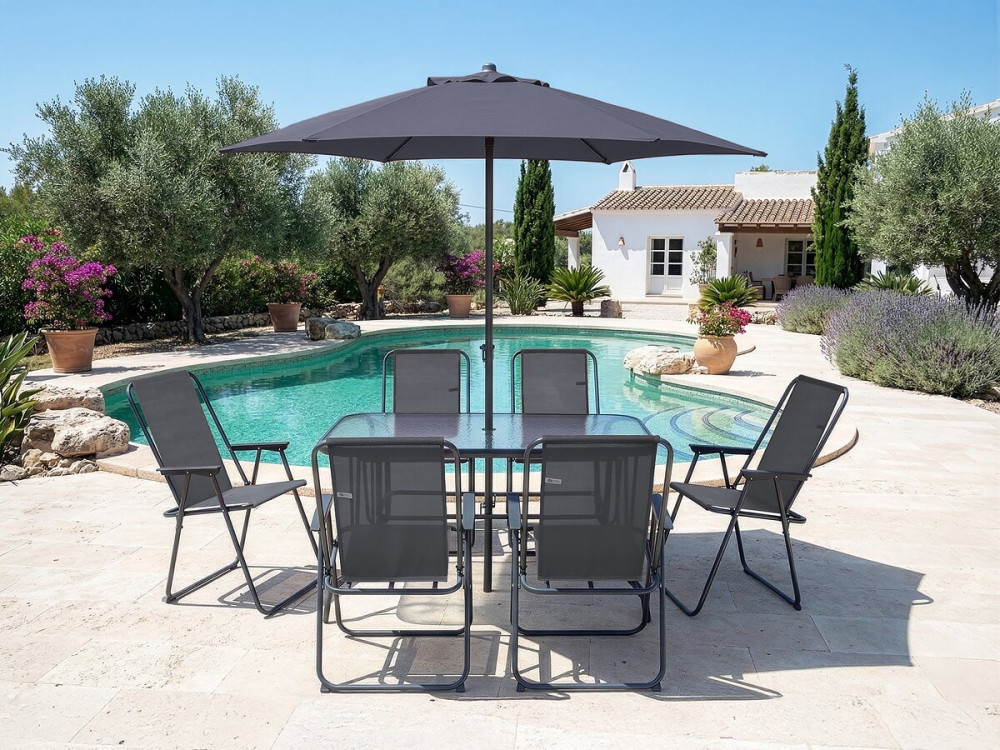 Metalen tuintafel en stoelen "Convivia" met parasol - 6 zits - Antracietgrijs