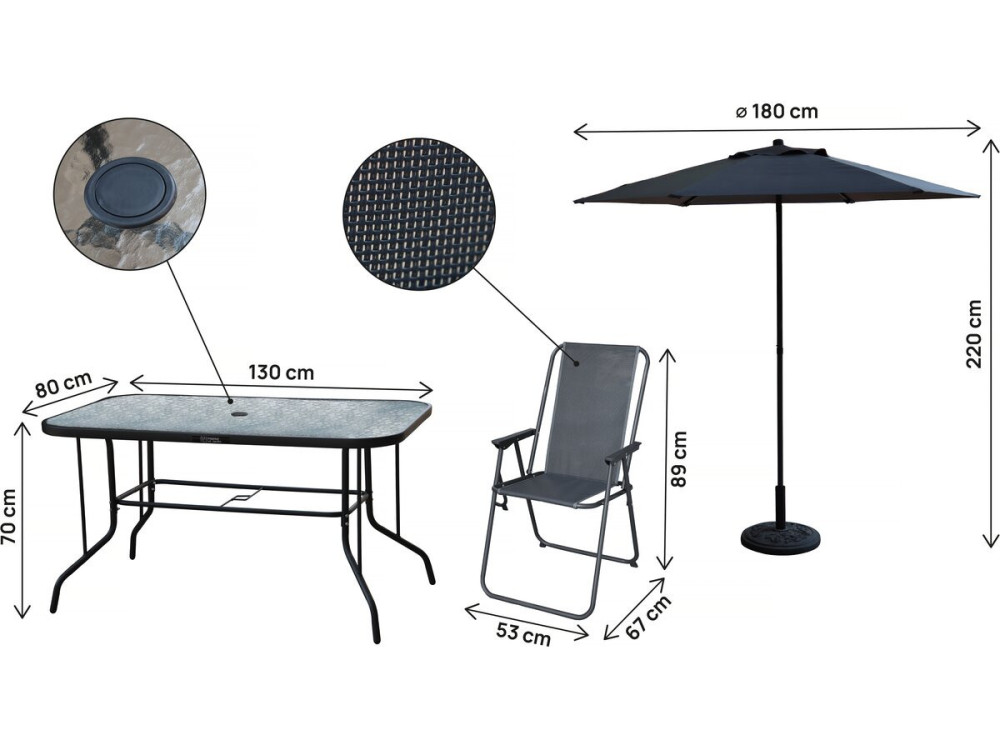 Metalen tuintafel en stoelen "Convivia" met parasol - 6 zits - Antracietgrijs