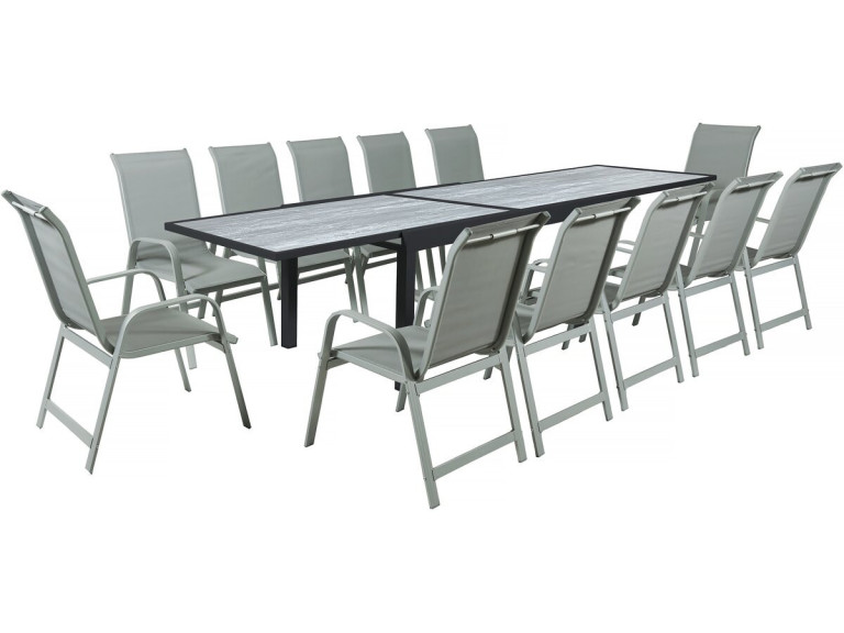 Lagos" uitschuifbare aluminium tuintafel en stoelen - 200/320 x 105 x 76 cm - Taupe - 12 zitplaatsen