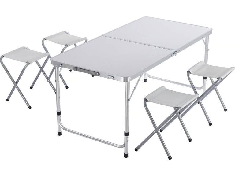 Set van campingtafel en 4 opvouwbare krukjes - 125 x 60 cm - Wit