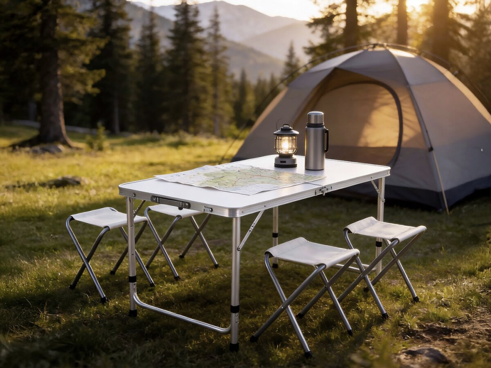 Set van campingtafel en 4 opvouwbare krukjes - 125 x 60 cm - Wit