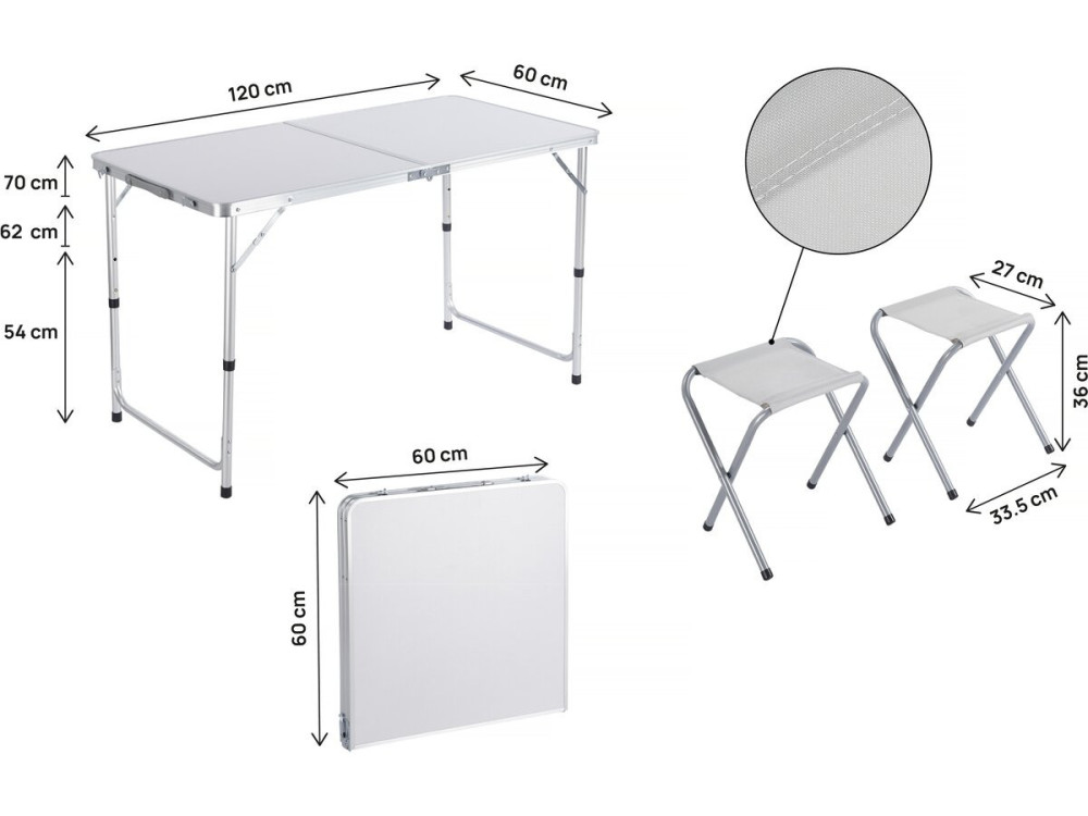 Set van campingtafel en 4 opvouwbare krukjes - 125 x 60 cm - Wit