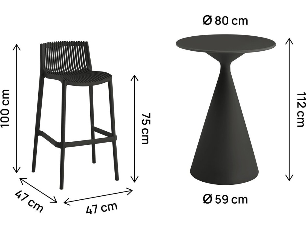 Néora" stapelbare bistro tuintafel en kinderstoelen - 2 plaatsen - Zwart