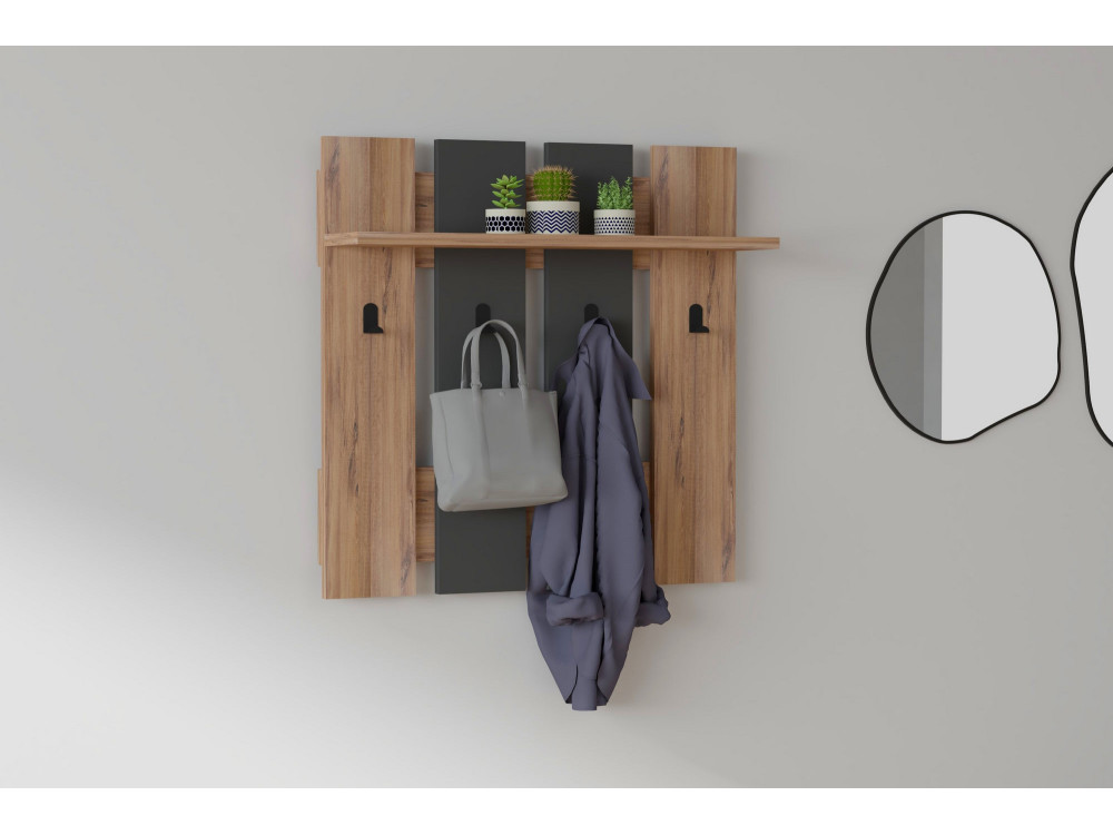 Wandkapstok "Mita" met houten plank - 70 x 14 x 70 cm - Antracietgrijs