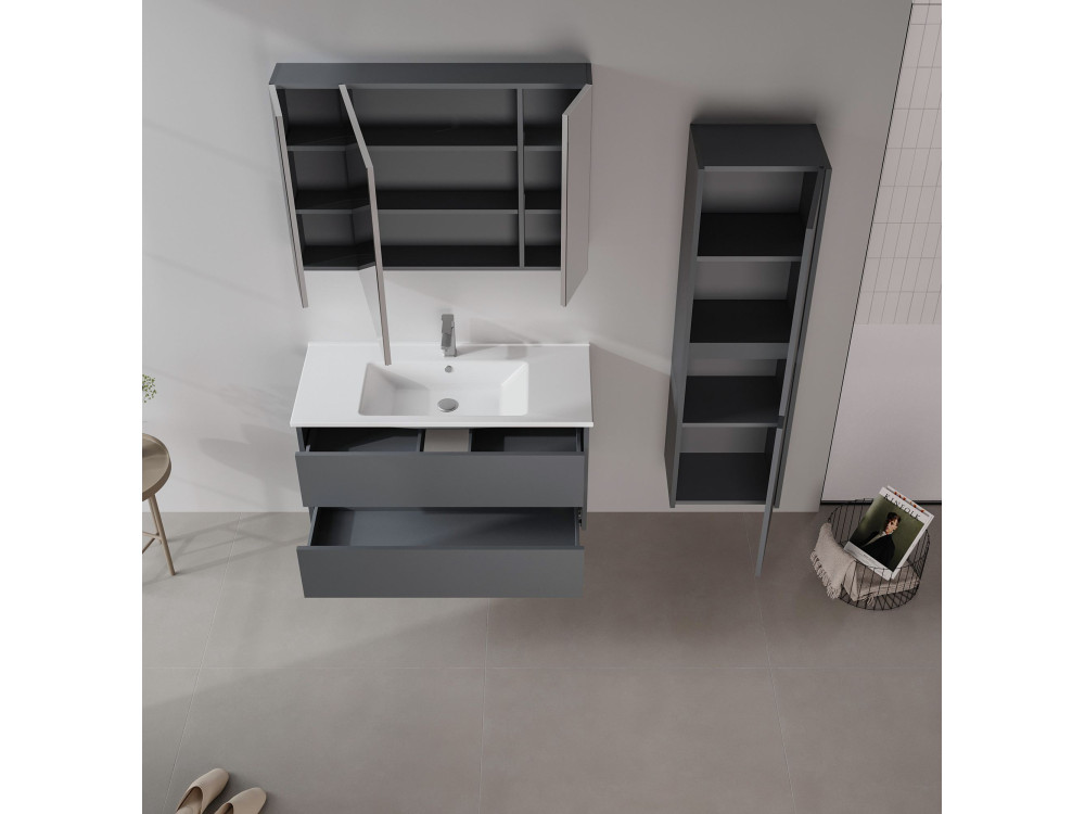 Badkamermeubel met spiegel "Side 100" - 100 x 16 x 66 cm - Mat antraciet