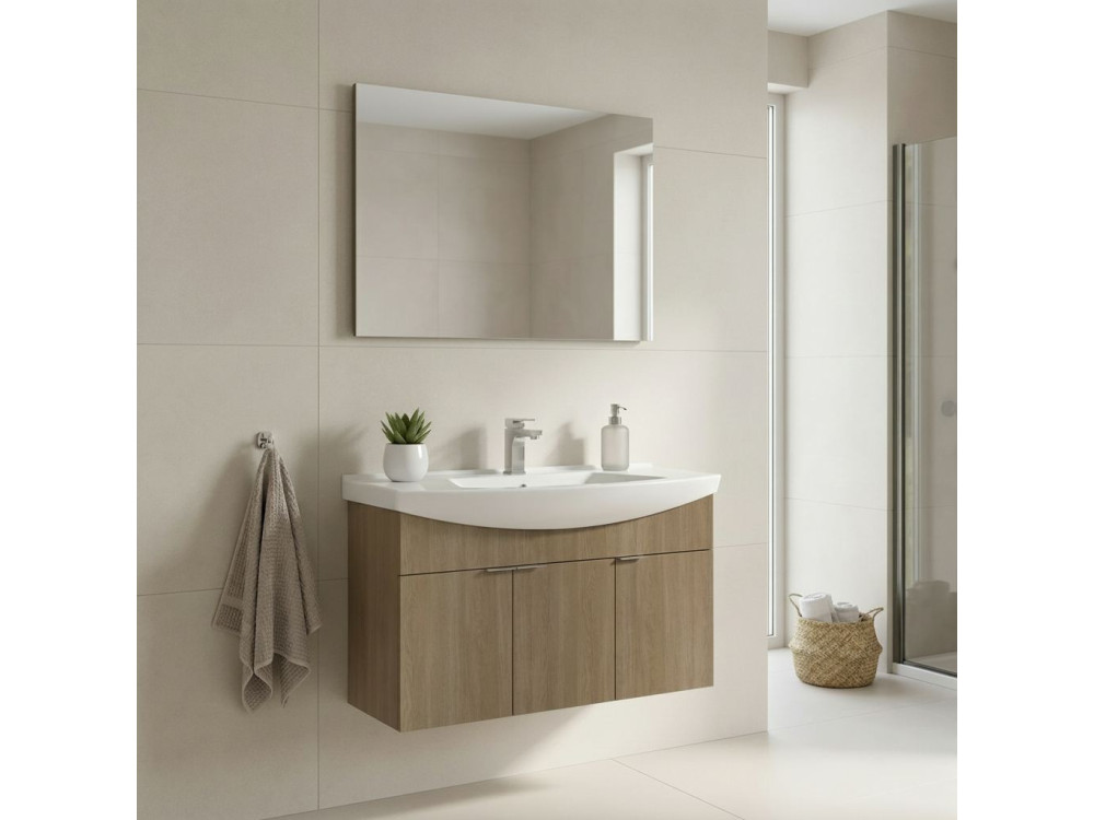Wastafelmeubel met spiegel (2-delig) "Purus 100" - 100 x 50 x 58 cm - Eiken