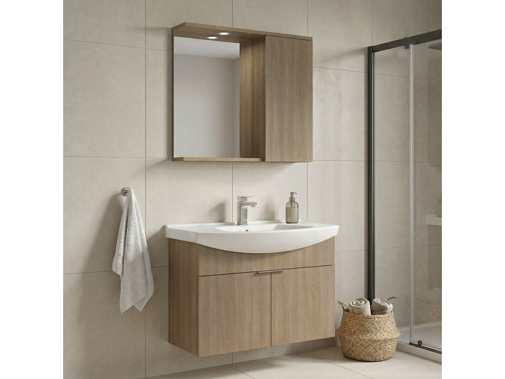 Wastafelmeubel met spiegel (2-delig) "Purus 80" - 80 x 50 x 58 cm - Eiken