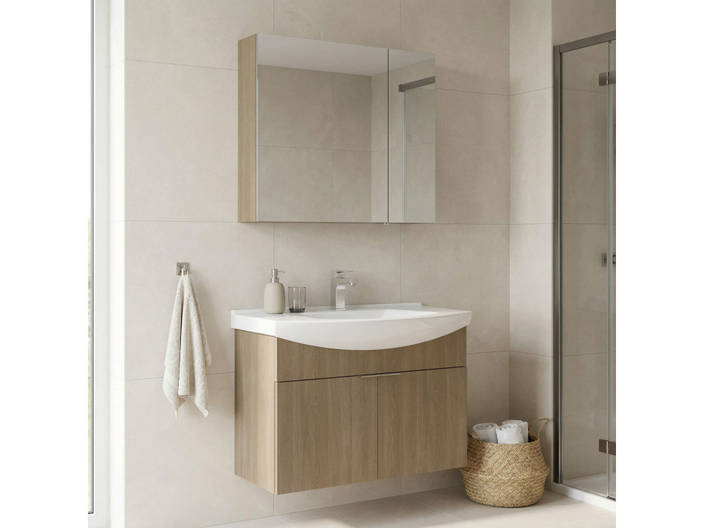 Wastafelmeubel met spiegel (2-delig) "Purus 80" - 80 x 50 x 58 cm - Eiken