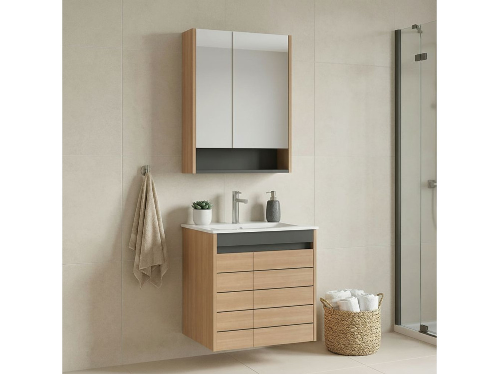 Wastafelmeubel met spiegel (2-delig) "Ricato 60" - 61 x 47 x 62 cm - eiken