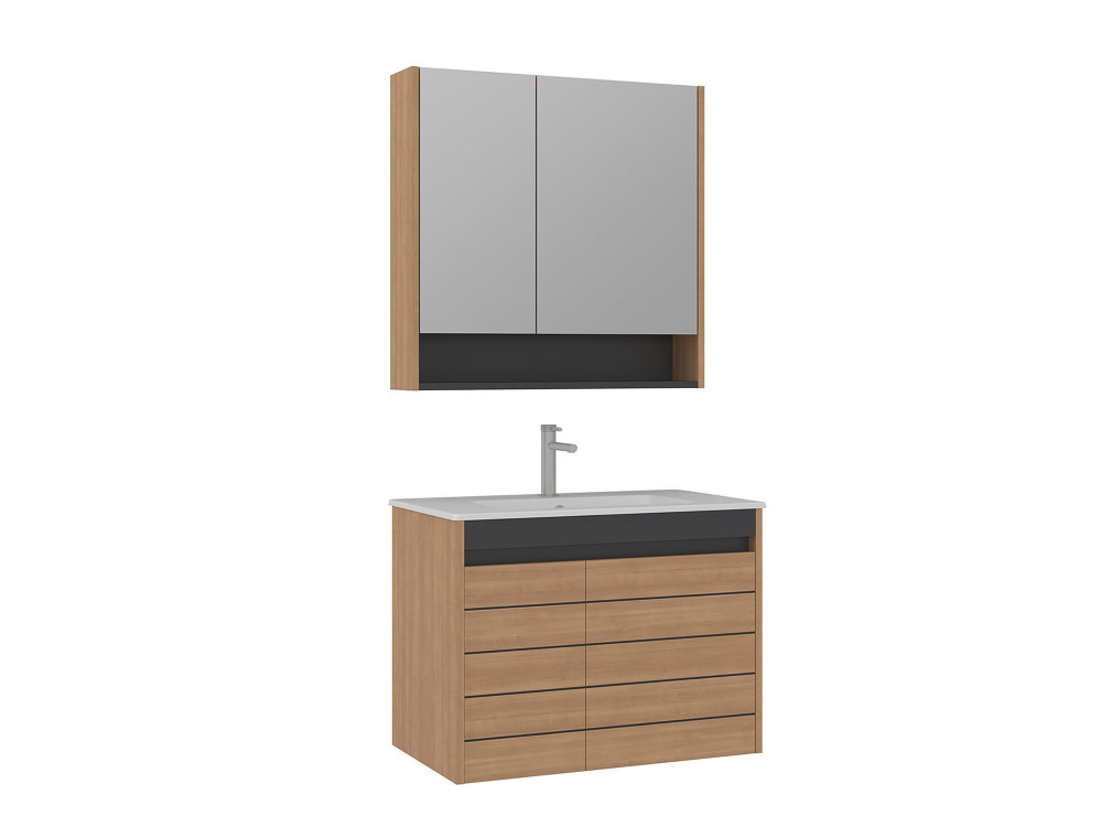 Wastafelmeubel met spiegel (2-delig) "Ricato 80" - 81 x 47 x 62 cm - Eiken