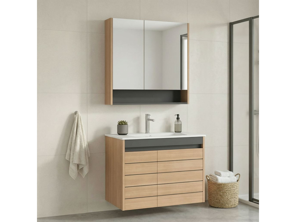 Wastafelmeubel met spiegel (2-delig) "Ricato 80" - 81 x 47 x 62 cm - Eiken