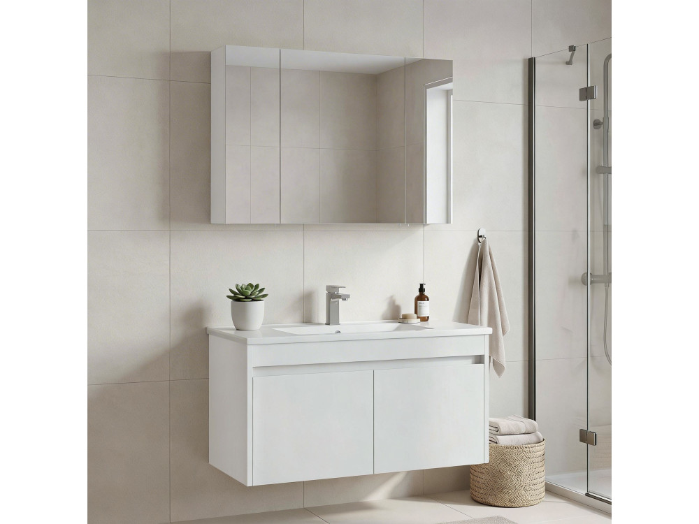 Wastafelmeubel met spiegel (2-delig) "Side 100 v3" - 100 x 45 x 52 cm - Matwit