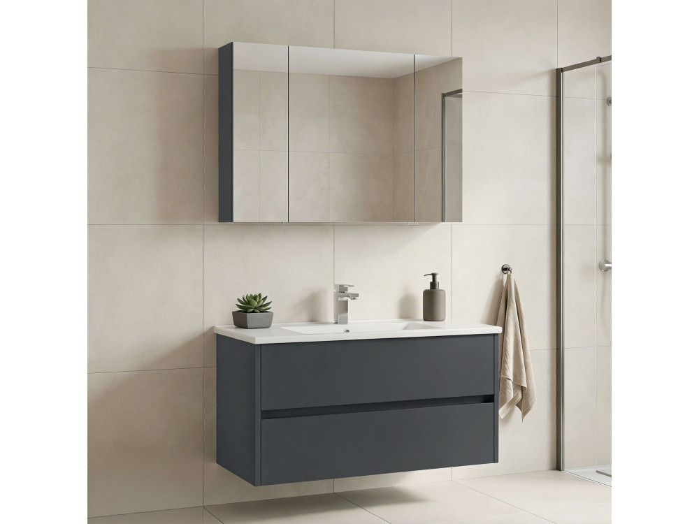 Wastafelmeubel met spiegel (2-delig) "Side 100 v3" - 100 x 16 x 52 cm - Mat antraciet