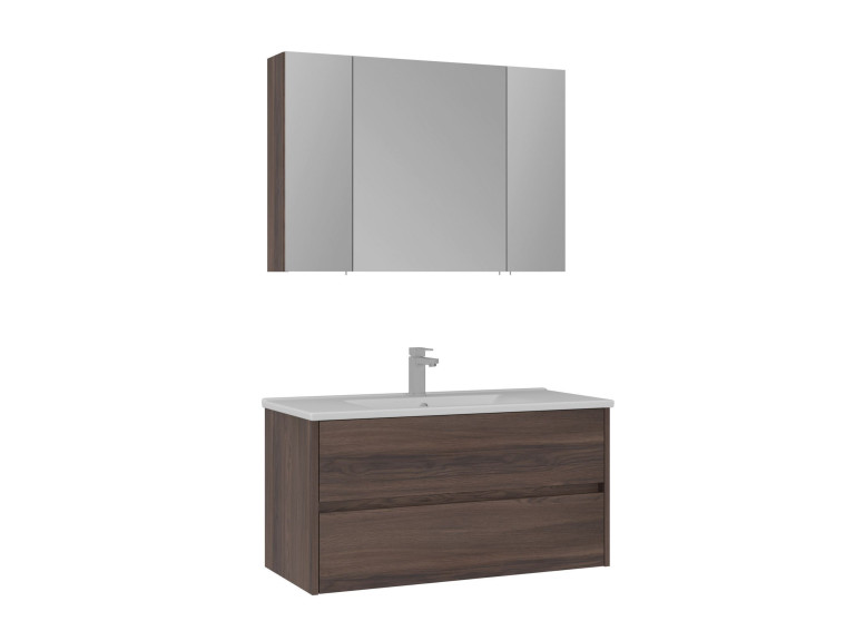 Wastafelmeubel met spiegel (2-delig) "Side 100 v3" - 100 x 16 x 52 cm - Walnoot