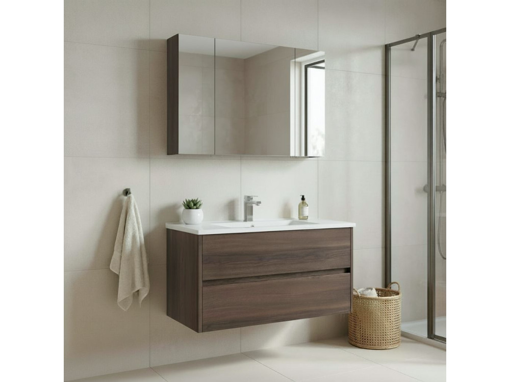 Wastafelmeubel met spiegel (2-delig) "Side 100 v3" - 100 x 16 x 52 cm - Walnoot