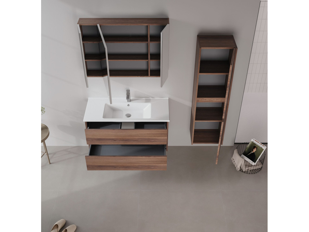 Wastafelmeubel met spiegel (2-delig) "Side 100 v3" - 100 x 16 x 52 cm - Walnoot