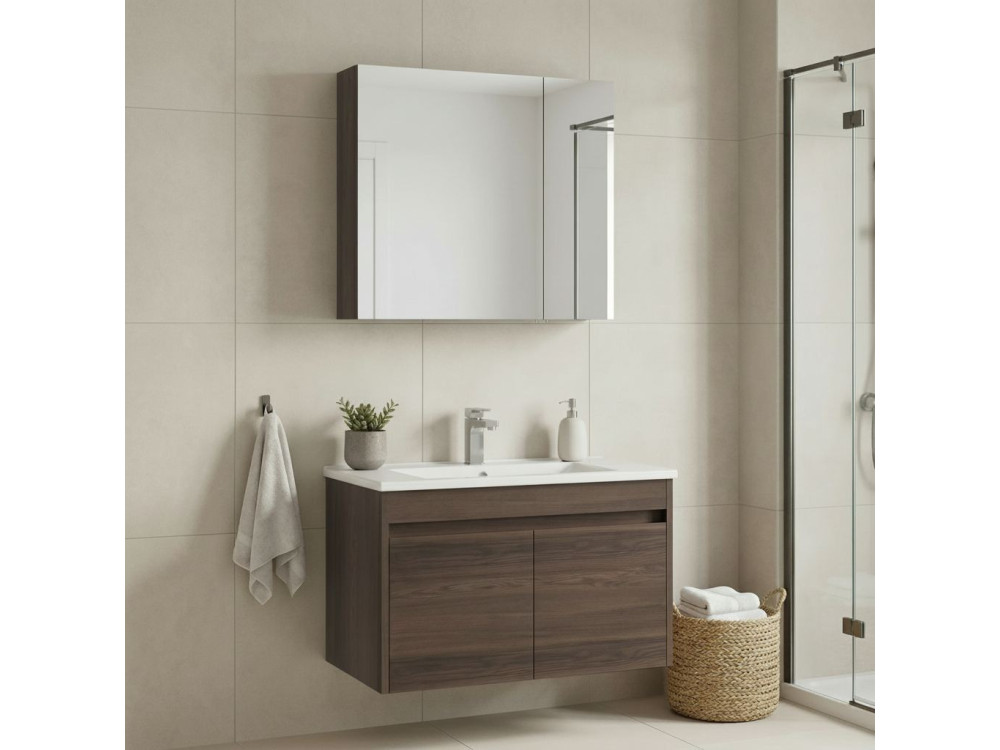Wastafelmeubel met spiegel (2-delig) "Side 100 v3" - 85 x 45 x 52 cm - Walnoot