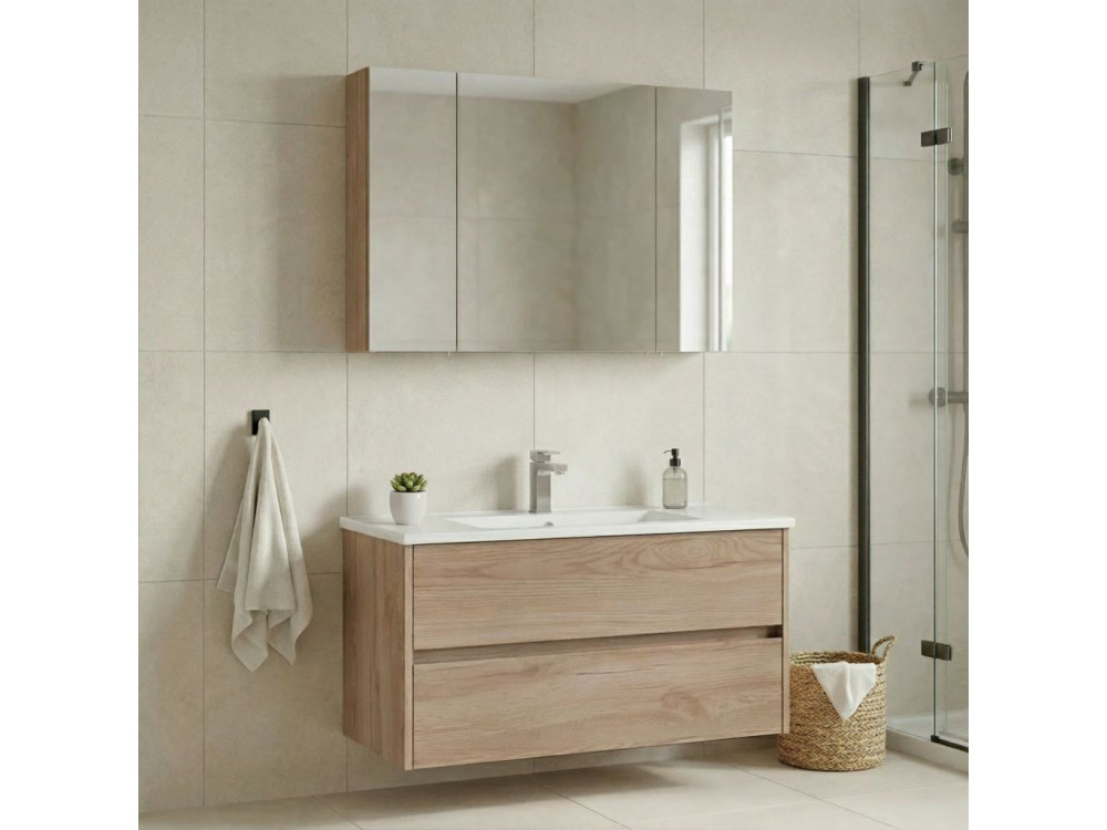 Wastafelmeubel met spiegel (2-delig) "Side 100 v3" - 100 x 16 x 52 cm - Eiken