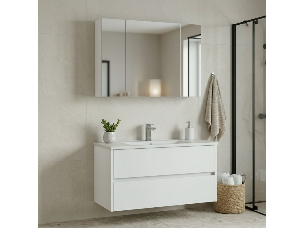 Wastafelmeubel met spiegel (2-delig) "Side 100 v3" - 100 x 16 x 52 cm - Matwit