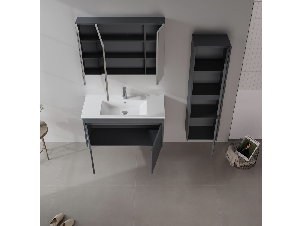 Wastafelmeubel met spiegel (2-delig) "Side 100 v3" - 100 x 45 x 52 cm - Mat antraciet