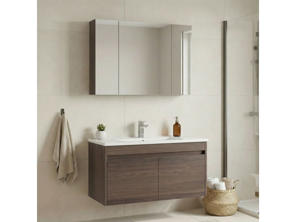 Wastafelmeubel met spiegel (2-delig) "Side 100 v3" - 100 x 45 x 52 cm - Walnoot