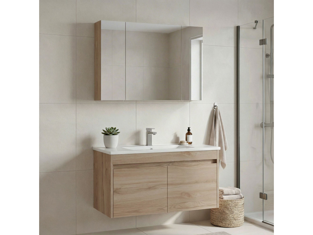 Wastafelmeubel met spiegel (2-delig) "Side 100 v3" - 100 x 45 x 52 cm - Eiken