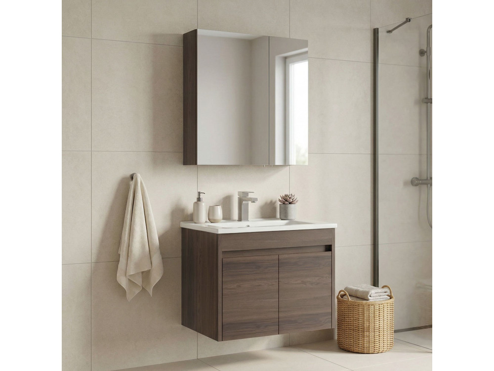 Wastafelmeubel met spiegel (2-delig) "Side 65 v2" - 65 x 45 x 52 cm - Walnoot