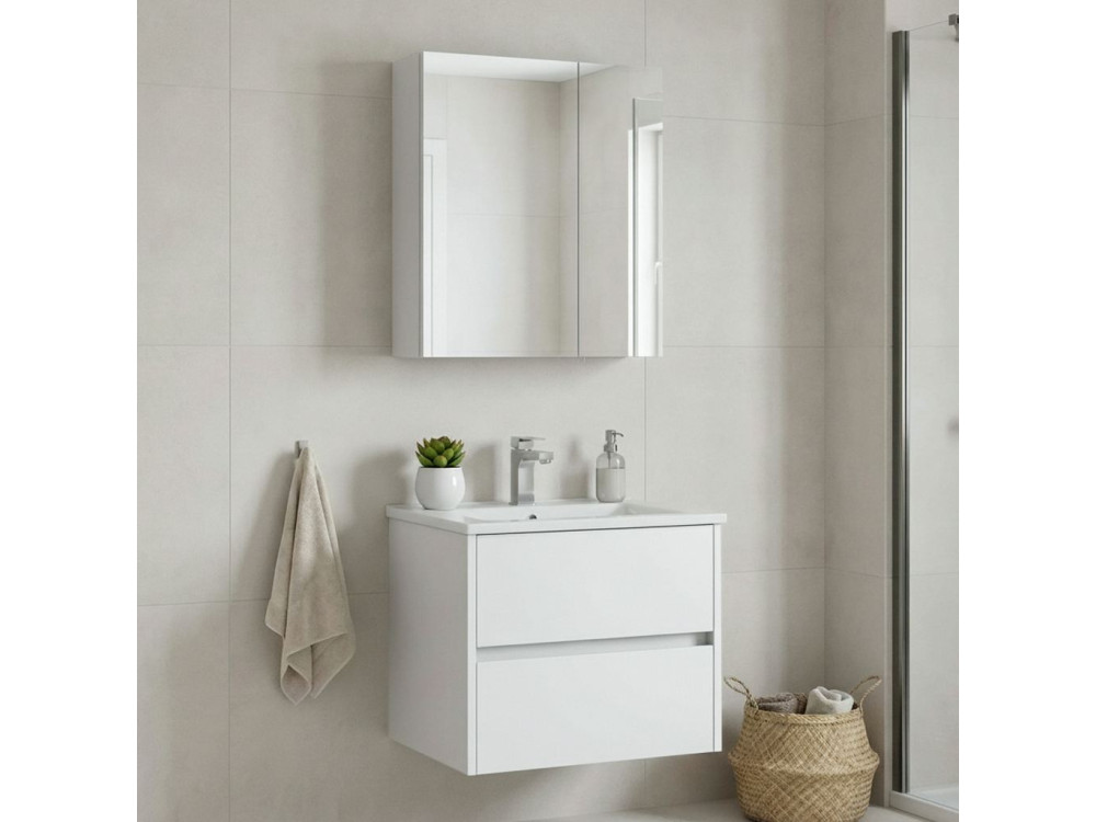 Wastafelmeubel met spiegel (2-delig) "Side 65 v2" - 65 x 45 x 52 cm - Matwit