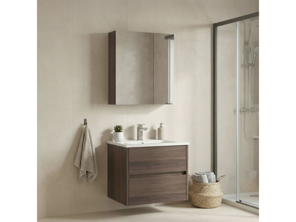 Wastafelmeubel met spiegel (2-delig) "Side 65 v2" - 65 x 45 x 52 cm - Walnoot