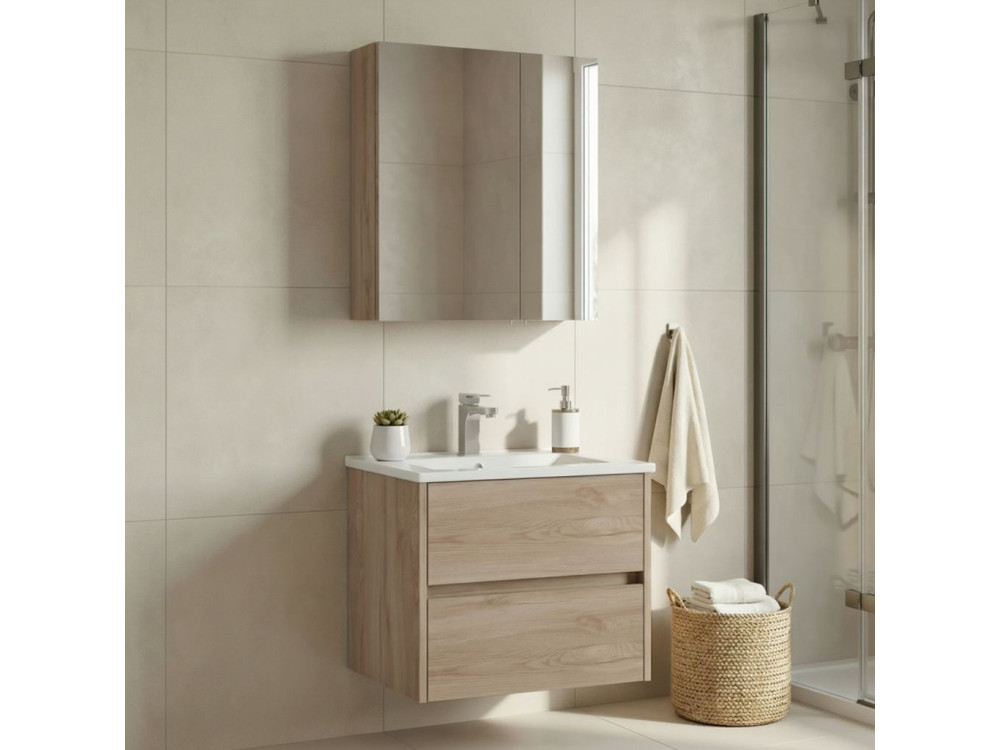 Wastafelmeubel met spiegel (2-delig) "Side 65 v2" - 65 x 45 x 52 cm - Eiken