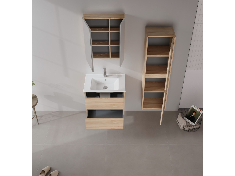 Wastafelmeubel met spiegel (2-delig) "Side 65 v2" - 65 x 45 x 52 cm - Eiken