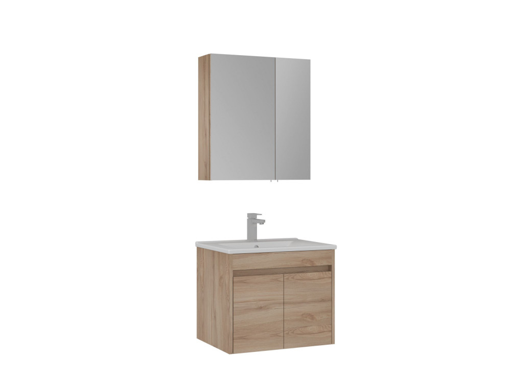 Wastafelmeubel met spiegel (2-delig) "Side 65 v2" - 65 x 45 x 52 cm - Eiken