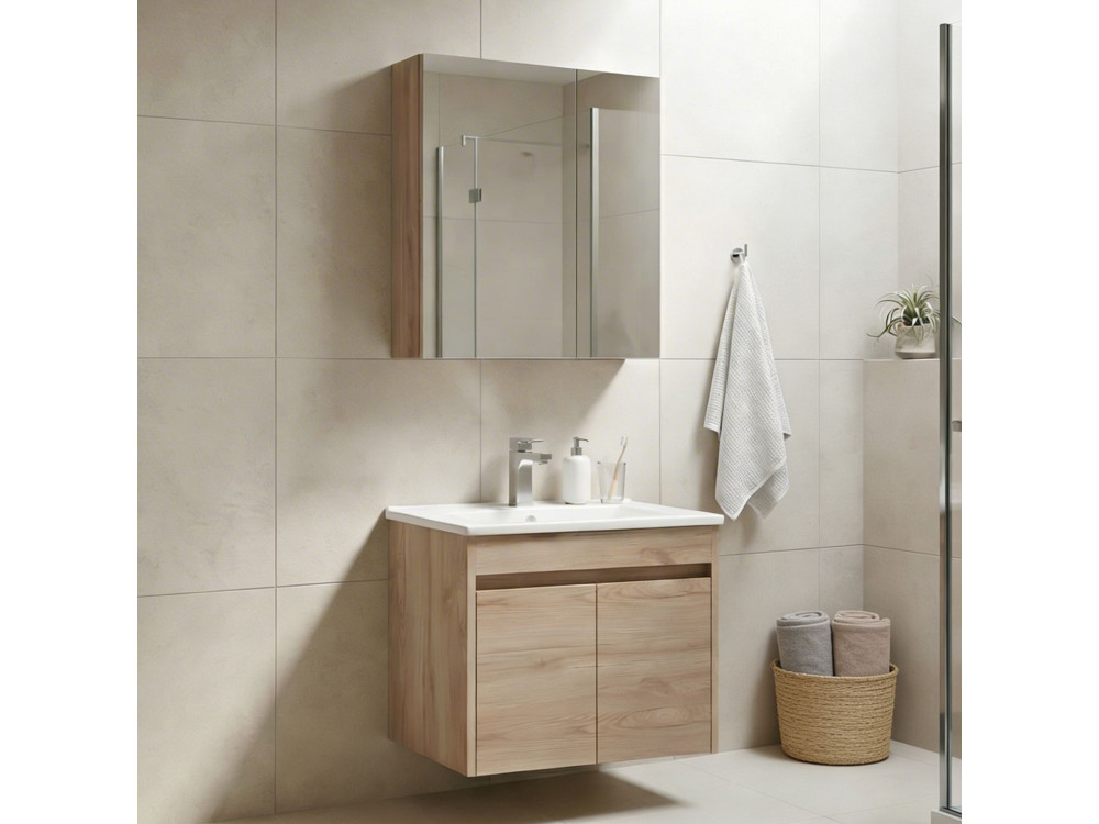 Wastafelmeubel met spiegel (2-delig) "Side 65 v2" - 65 x 45 x 52 cm - Eiken