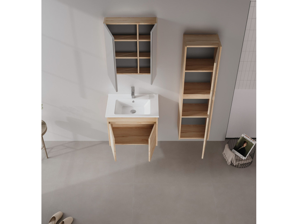 Wastafelmeubel met spiegel (2-delig) "Side 65 v2" - 65 x 45 x 52 cm - Eiken