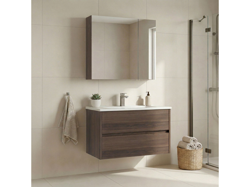Wastafelmeubel met spiegel (2-delig) "Side 85 v2" - 85 x 45 x 52 cm - Walnoot